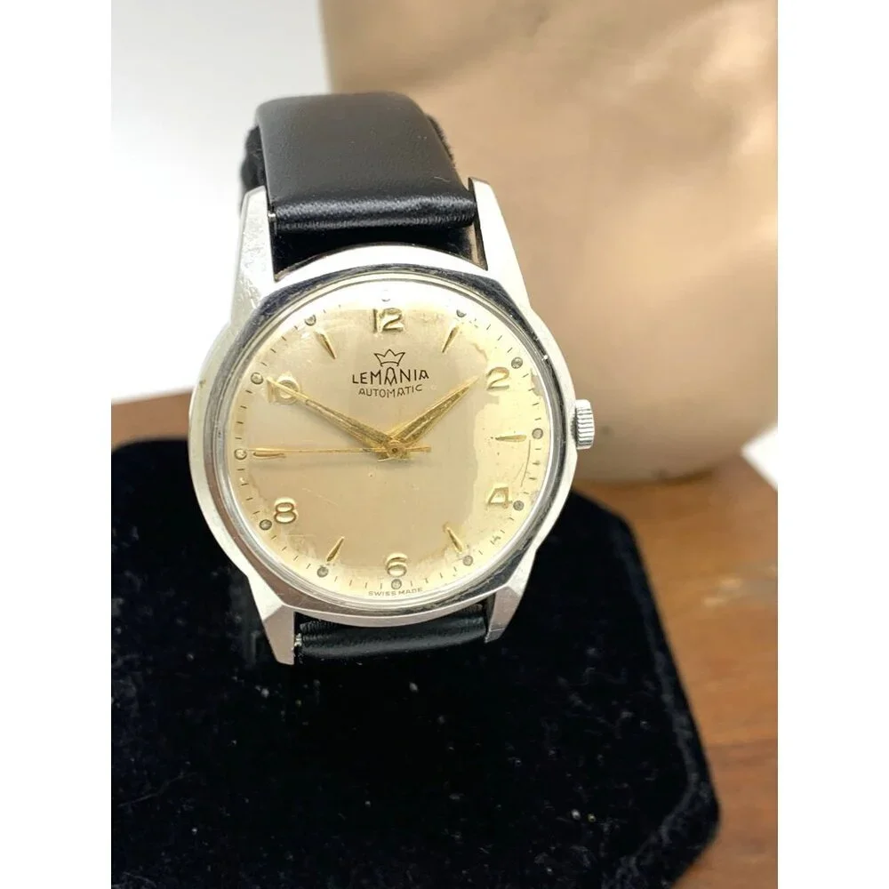 Lemania Men's Watch Vintage 9101 Swiss Automatic Silver Dial Leather Strap 32mm
